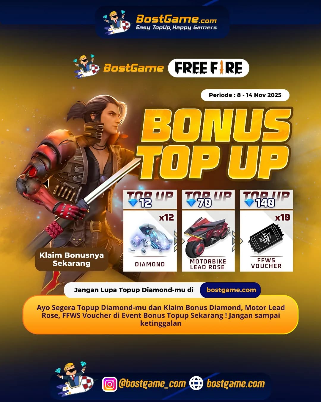 Free Fire : BONUS TOPUP IS BACK! Periode 8 - 14 Nov 2025