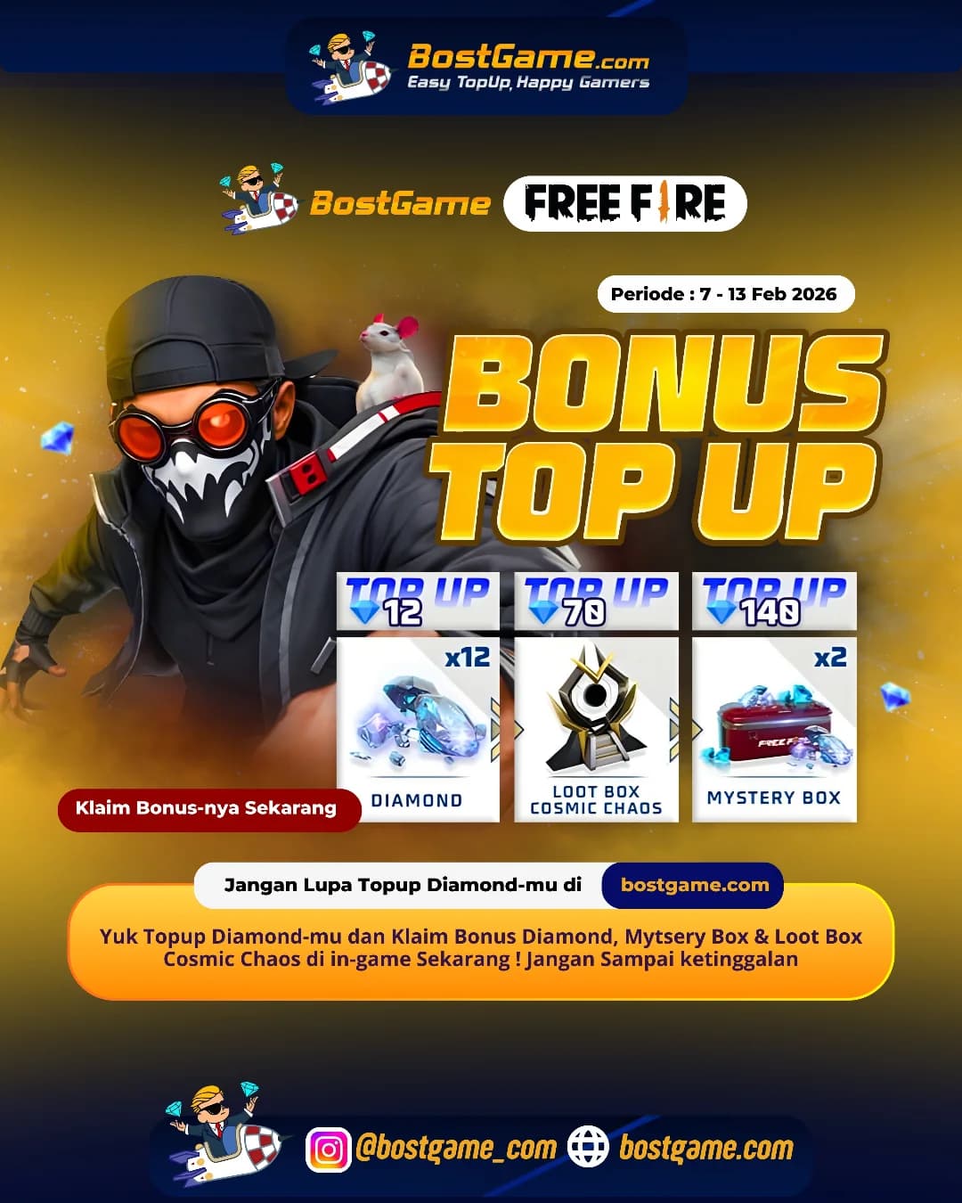 Free Fire : BONUS TOPUP IS BACK, SOBAT FF! Periode : 7 - 13 Feb 2026