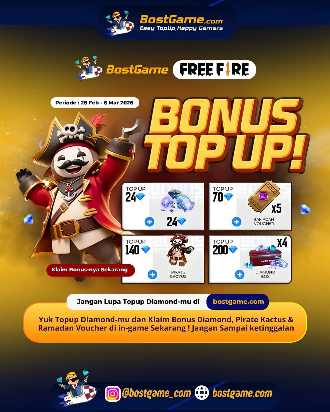 Free Fire : BONUS TOPUP IS BACK, SOBAT FF sampai 6 Maret 2026