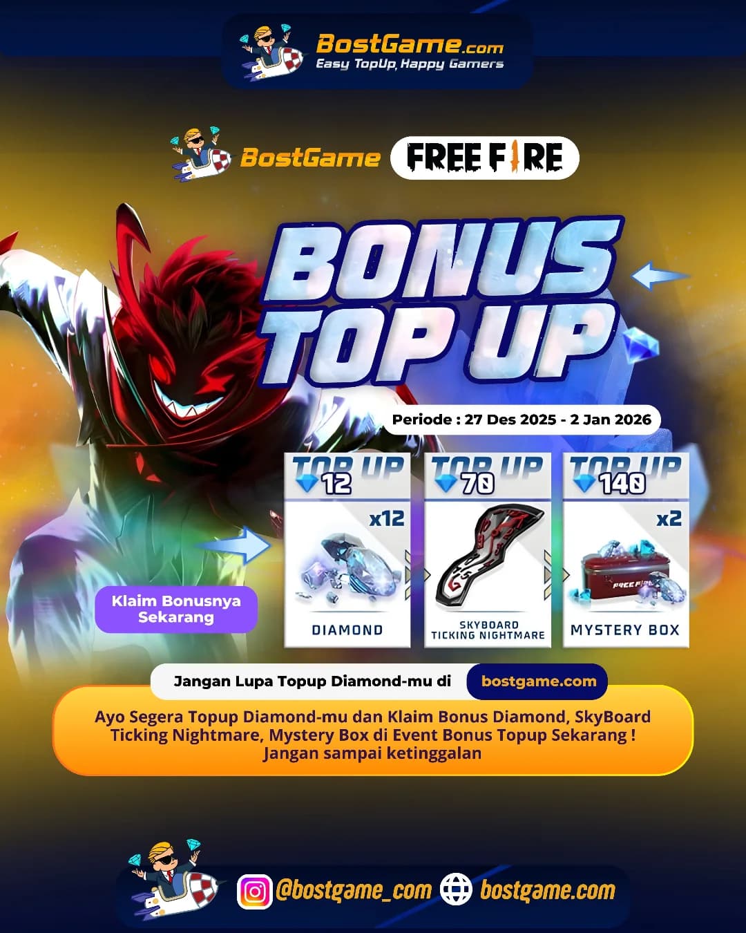 Free Fire : BONUS TOPUP IS BACK, SOBAT FF! Periode 27 Des 2025 - 2 Jan 2026