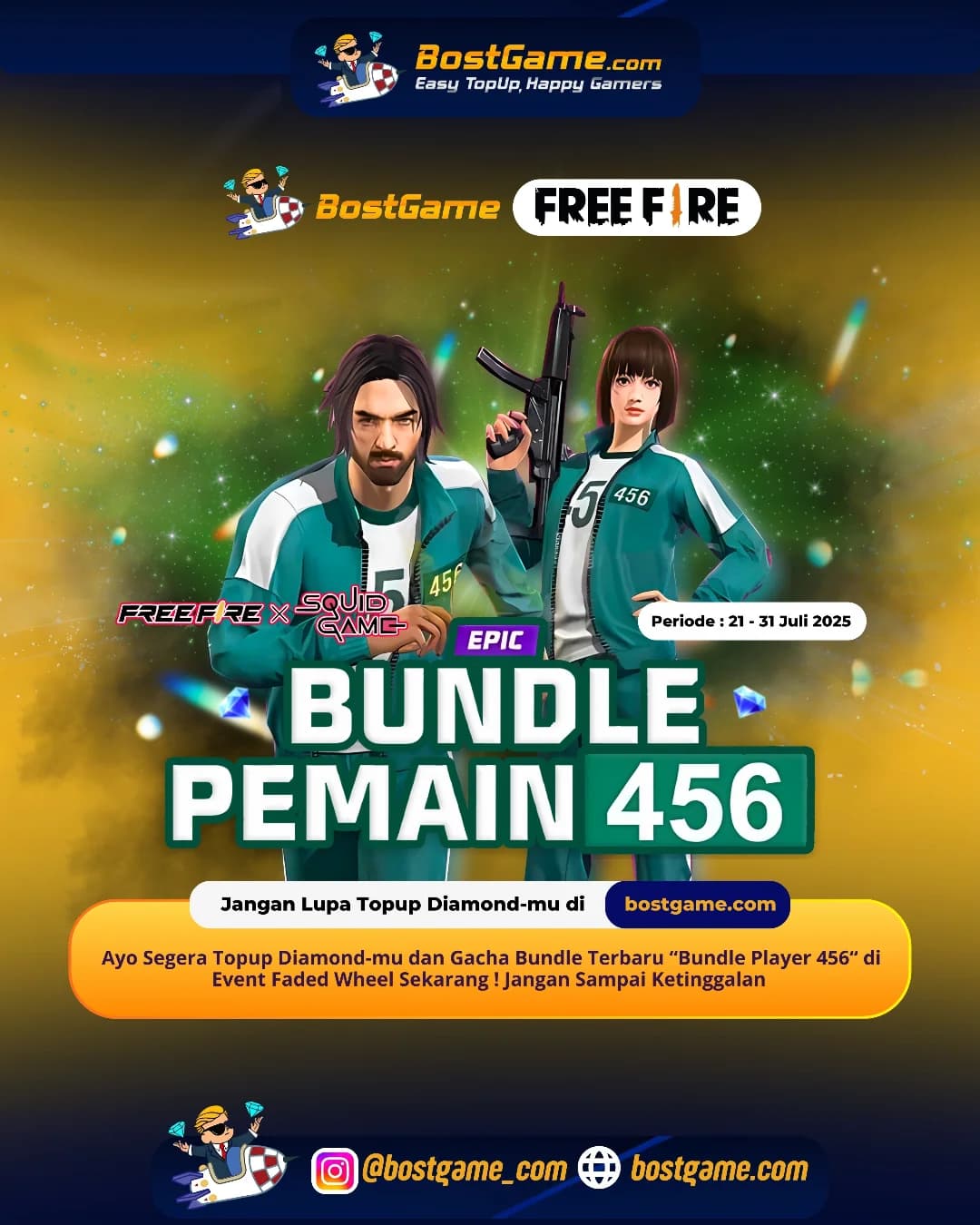 Free Fire : Bundle kolaborasi super epic “Player 456” dari FF x Squid Game resmi mendarat di Faded Wheel!