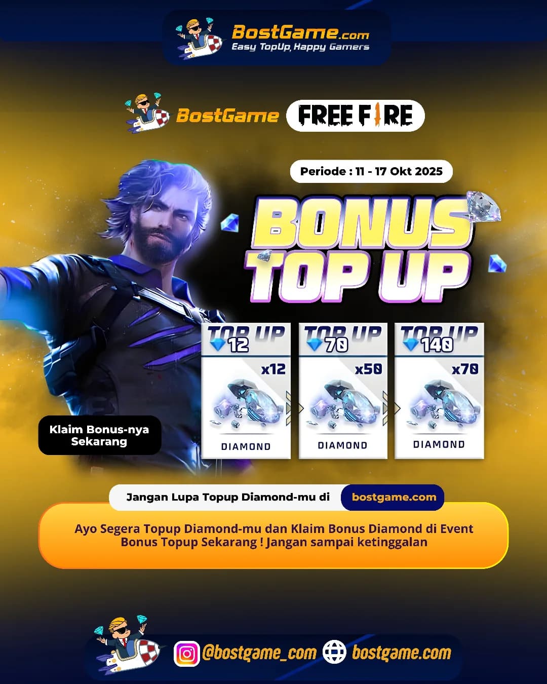 Free Fire : BONUS TOPUP IS BACK, SOBAT FF!  Periode : 11 - 17 Okt 2025