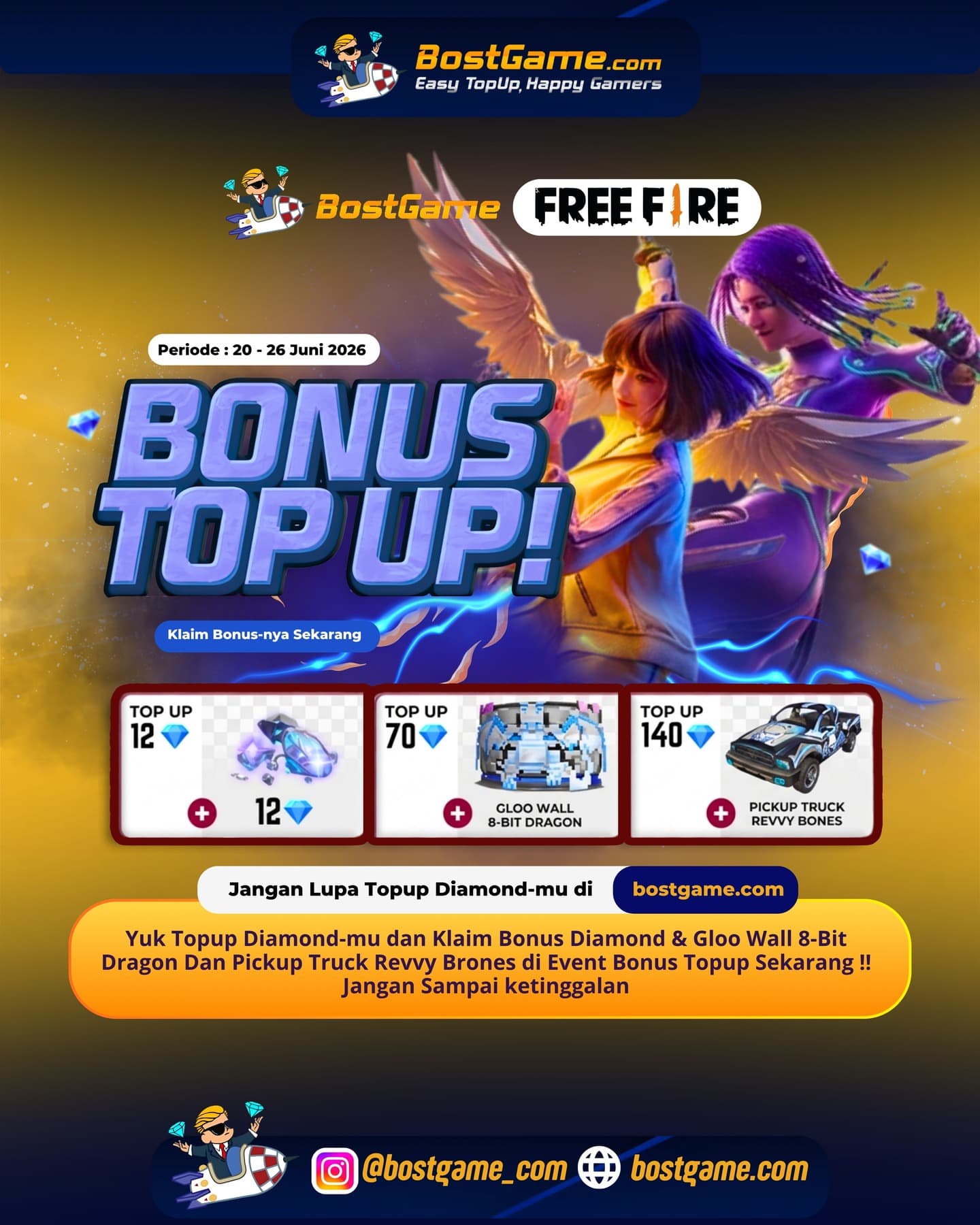 Free Fire : BONUS TOPUP IS BACK, SOBAT FF!  Periode  20 - 26 Juni 2026