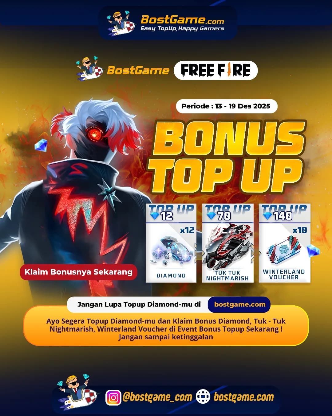 Free Fire : BONUS TOPUP IS BACK, SOBAT FF! Periode 13 - 19 Desember 2025
