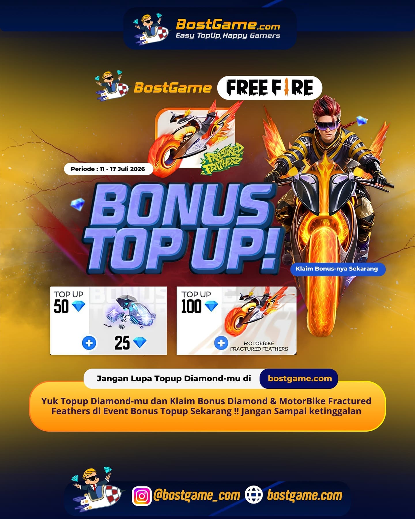 Free Fire : BONUS TOPUP IS BACK, SOBAT FF!  11 - 17 Juli 2026 ⚡⚡
