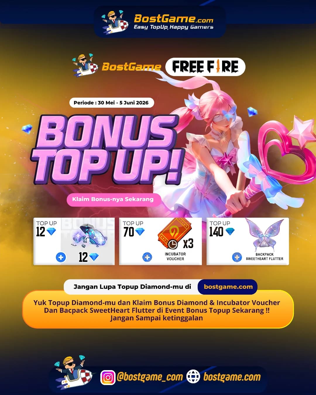 Free Fire : BONUS TOPUP IS BACK, SOBAT FF! 30 Mei - 5 Juni 2026 😍
