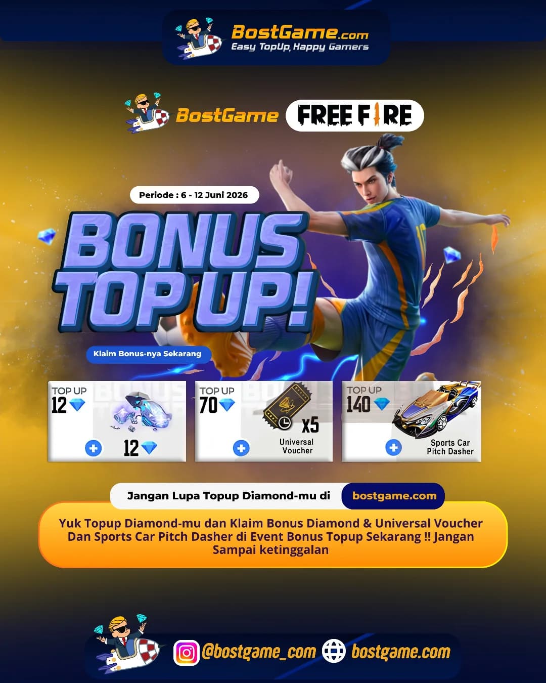 Free Fire : BONUS TOPUP IS BACK, SOBAT FF!   Periode 6 - 12 Juni 2026
