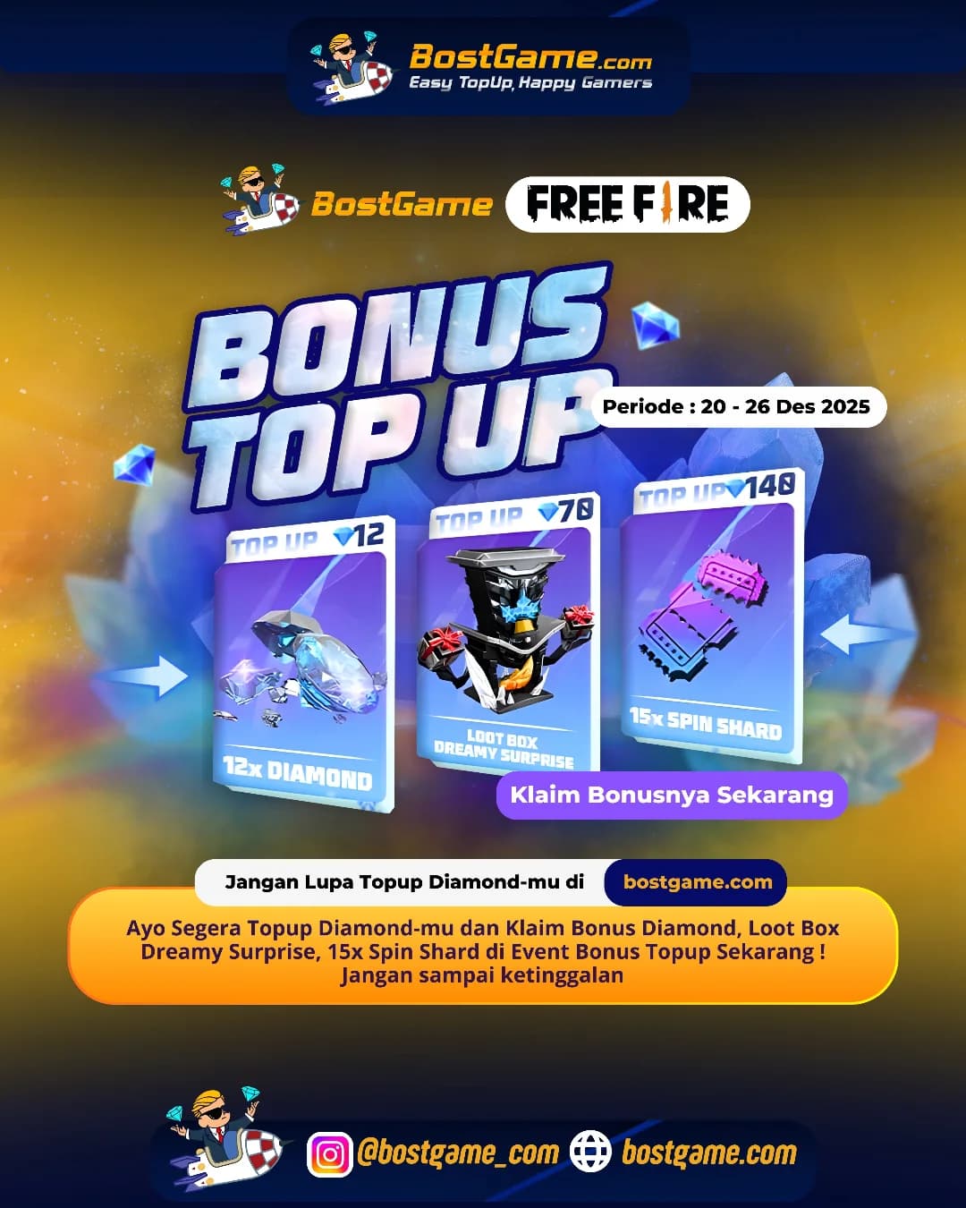 Free Fire : BONUS TOPUP IS BACK, SOBAT FF! Periode 20 - 26 Desember 2025