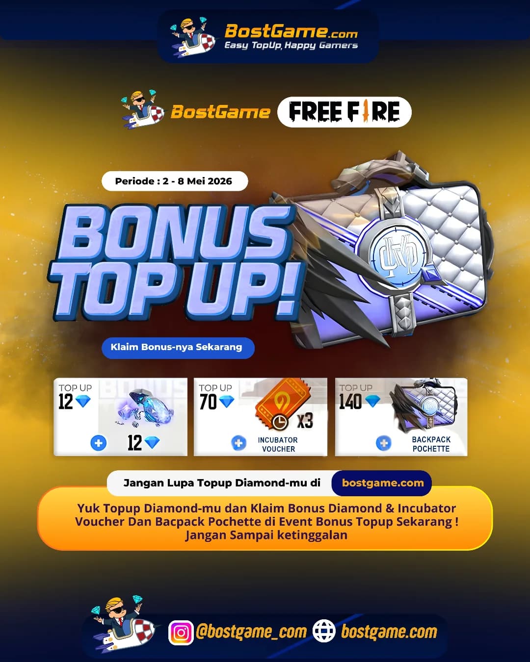 Free Fire : BONUS TOPUP IS BACK, SOBAT FF! 🎁  2 - 8 Mei 2026