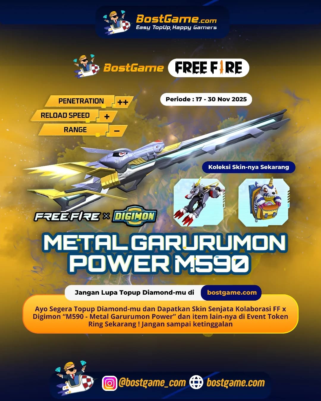 Free Fire : Skin Senjata FF x Digimon “M590 - Metal Garurumon Power” resmi hadir!