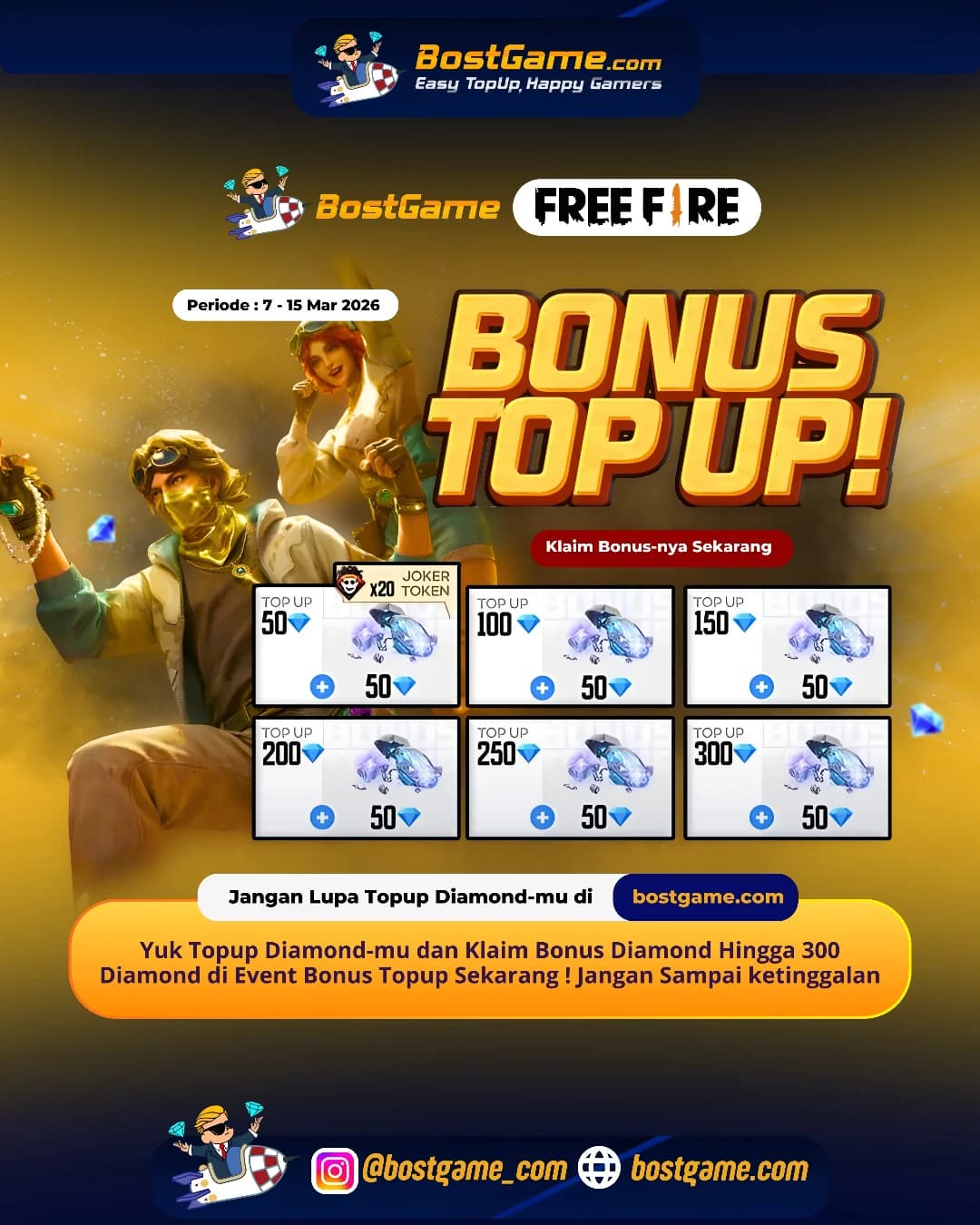 Free Fire : BONUS TOPUP IS BACK, SOBAT FF! Periode  7 - 15 Maret 2026