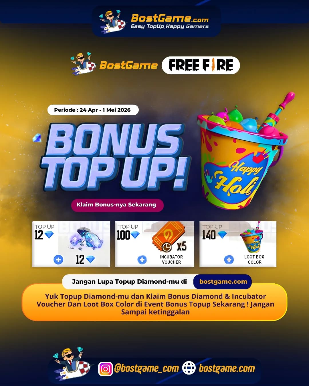 Free Fire : BONUS TOPUP IS BACK, 24 April - 1 Mei 2026