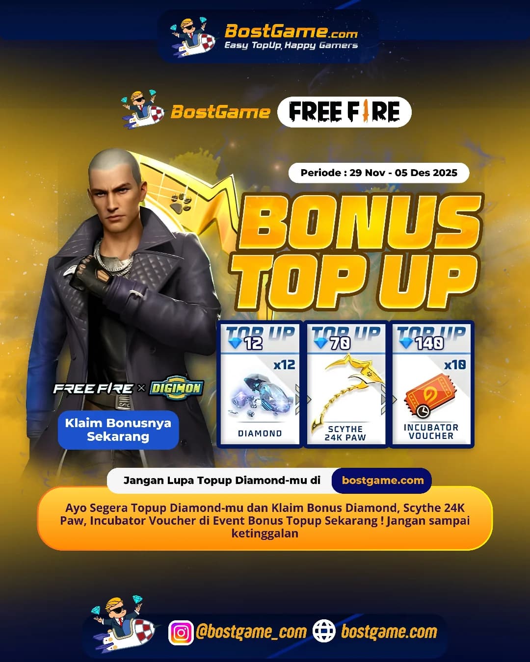 Free Fire : BONUS TOPUP IS BACK, SOBAT FF! Periode 29 Nov - 05 Des 2025!