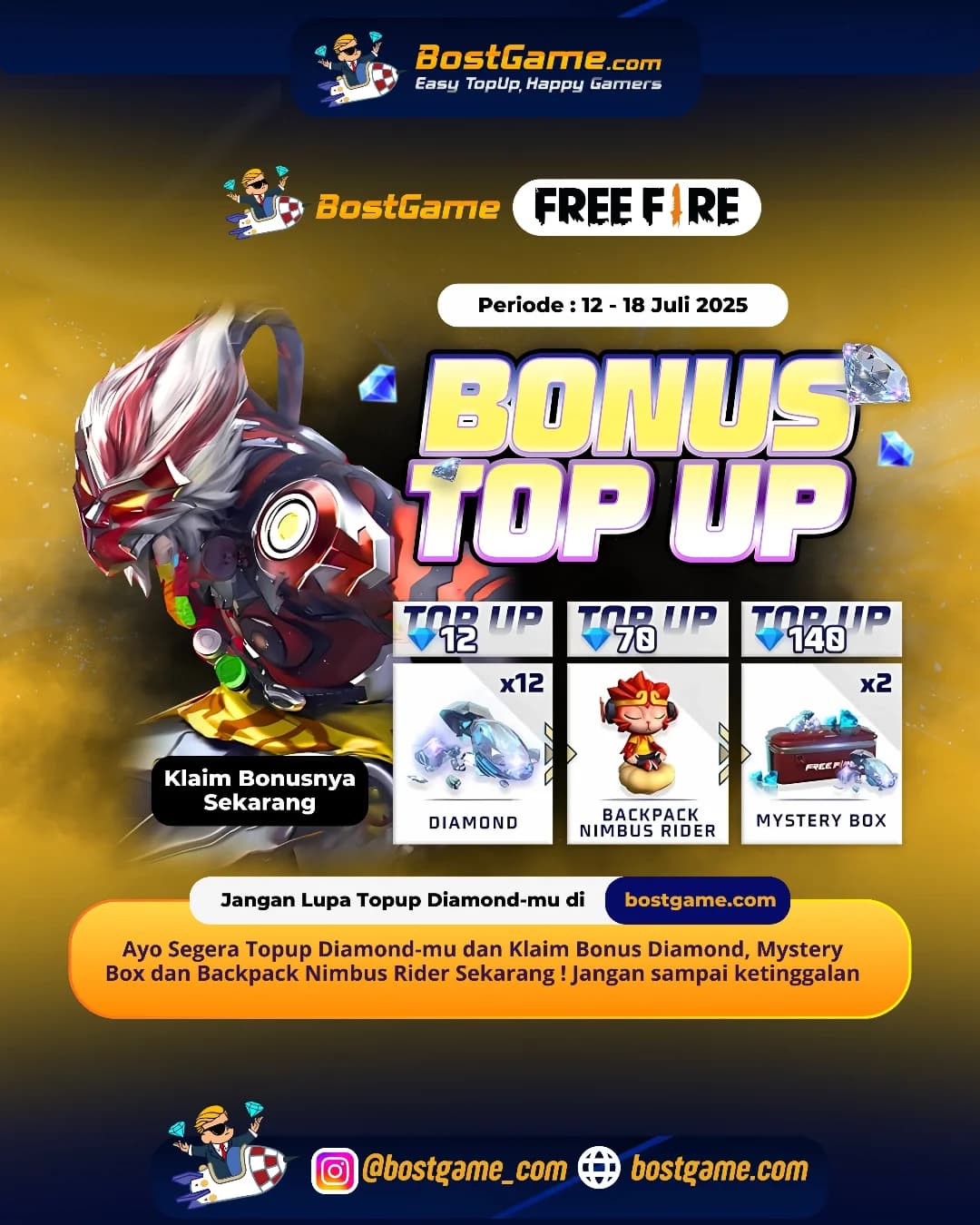 Free Fire : BONUS TOPUP IS BACK SOBAT FF!! "Periode : 12 - 18 Juli 2025"