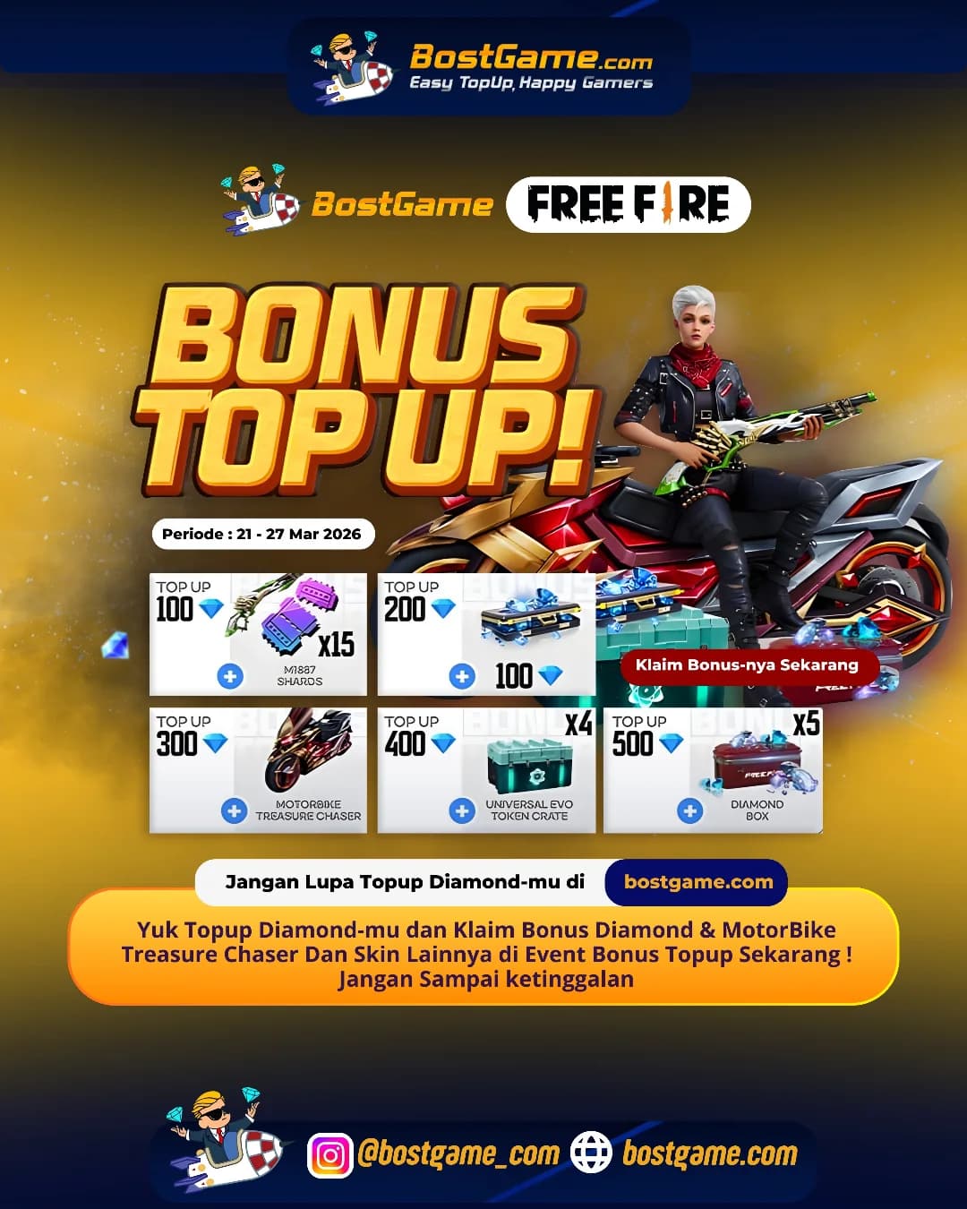 Free Fire : BONUS TOPUP IS BACK, SOBAT FF! Periode  21 - 27 Maret 2026
