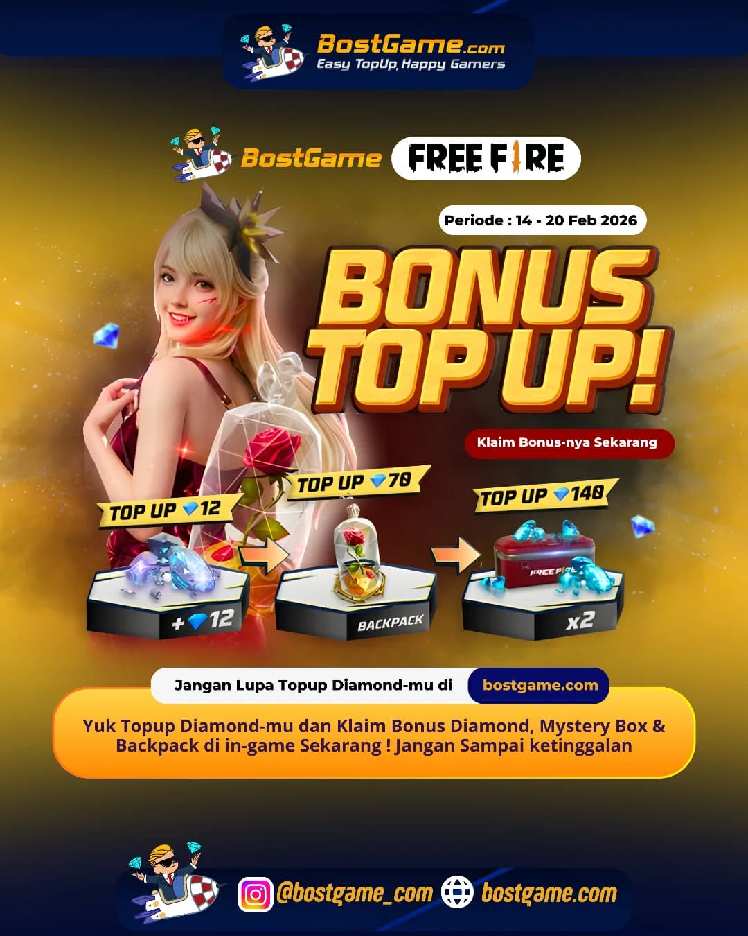 Free Fire: BONUS TOPUP IS BACK, SOBAT FF! Periode 14 - 20 Feb 2026