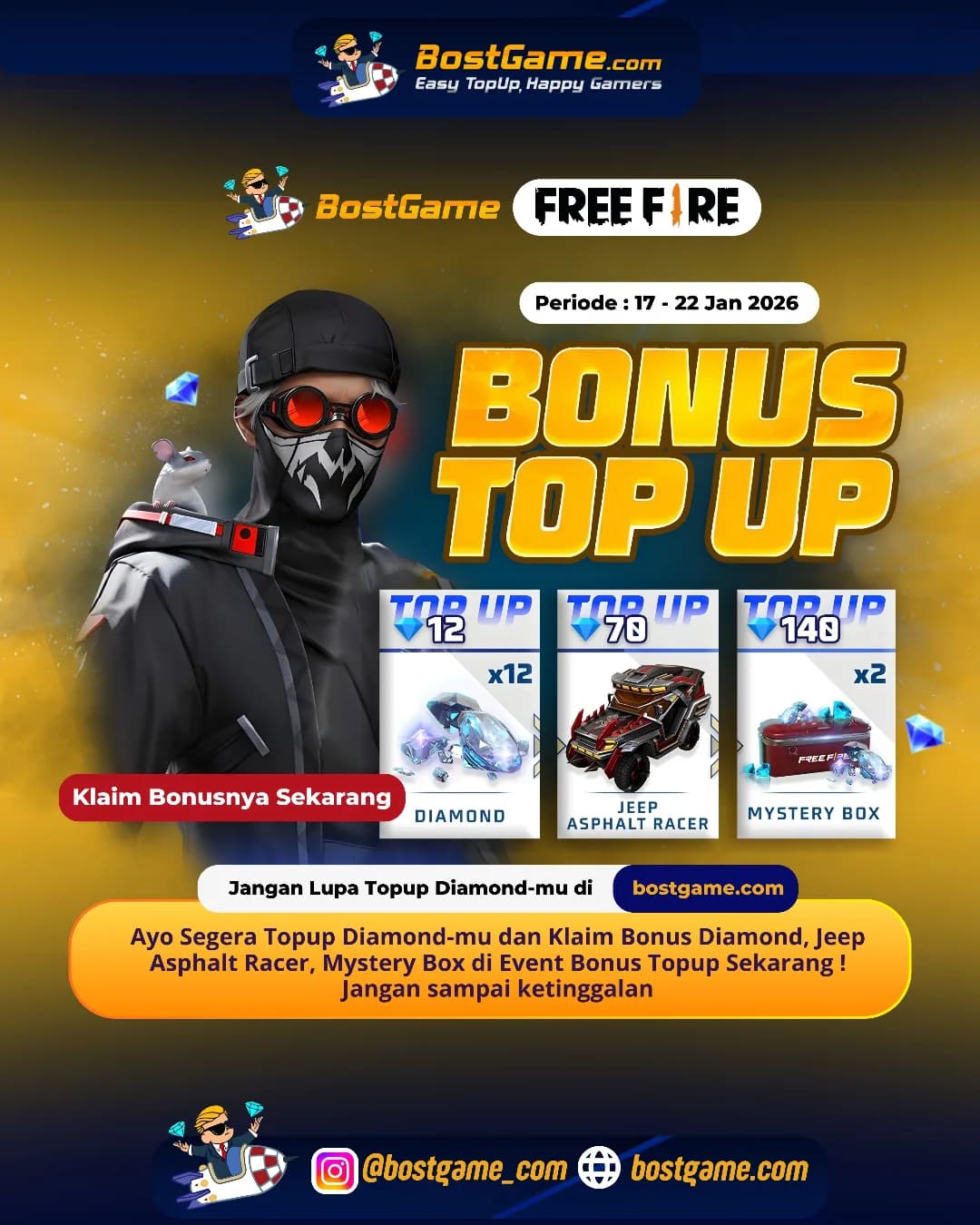 Free Fire : BONUS TOPUP IS BACK, SOBAT FF! Periode sampai 22 Januari 2026