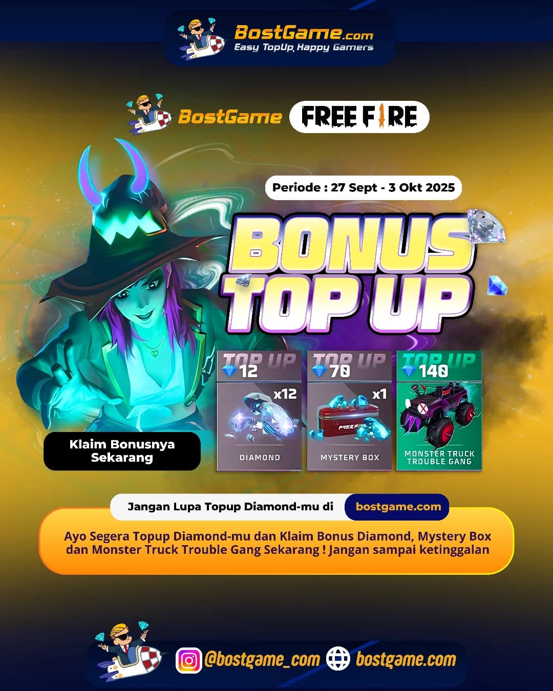 Free Fire : BONUS TOPUP IS BACK, SOBAT FF! "Periode : 27 Sept - 3 Okt 2025"
