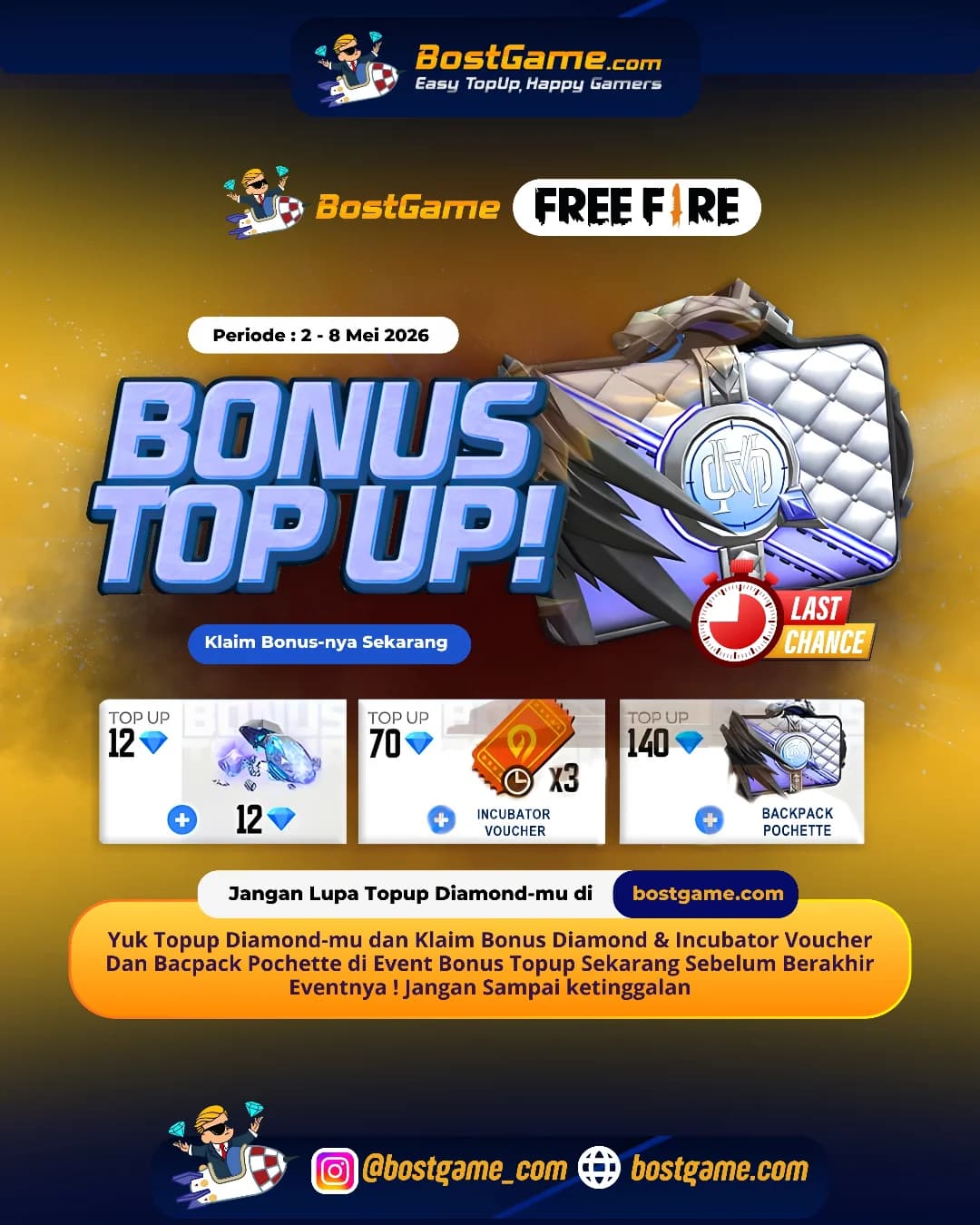 Free Fire : HARI TERAKHIR BONUS TOPUP! 2 – 8 Mei 2026 