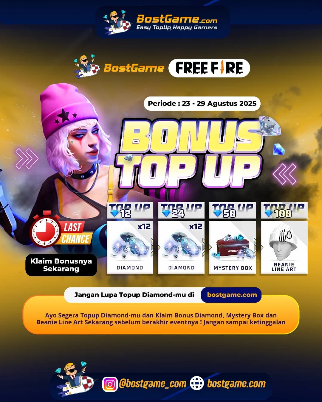 Free Fire : LAST CHANCE BONUS TOPUP, SURVIVOR! "Sampai 29 Agustus 2025"  