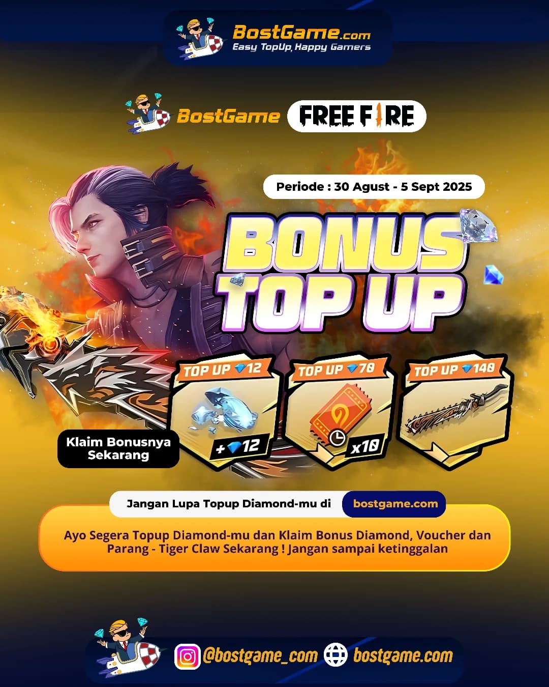 Free Fire : BONUS TOPUP IS BACK!! "Periode : 30 Agust - 5 Sept 2025"