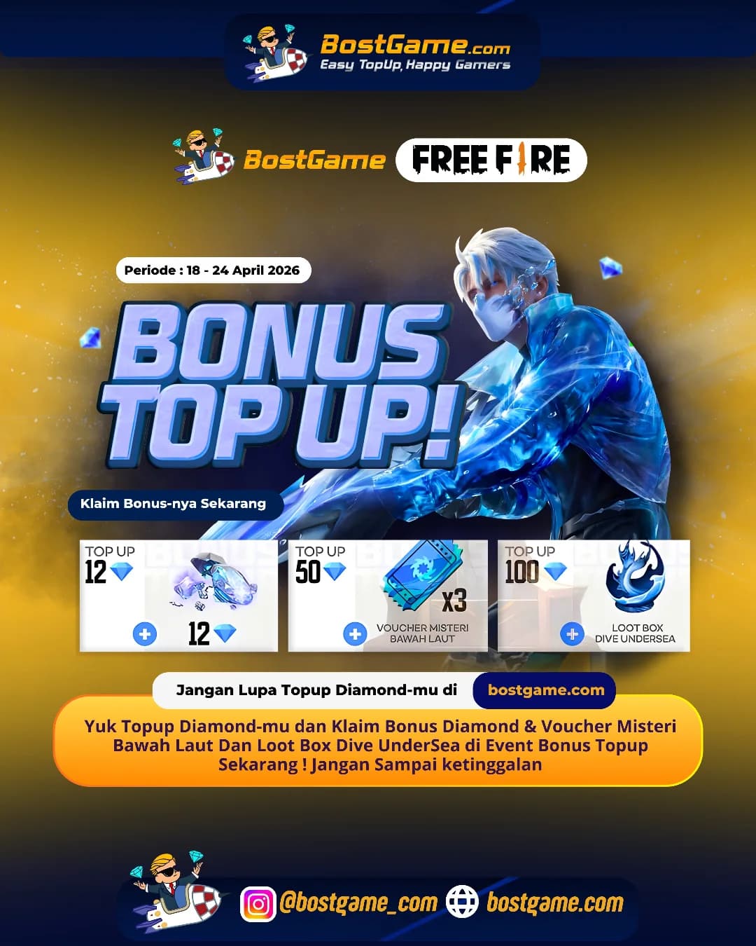 Free Fire : BONUS TOPUP IS BACK, SOBAT FF! 🎁  Periode  18 - 24 April 2026