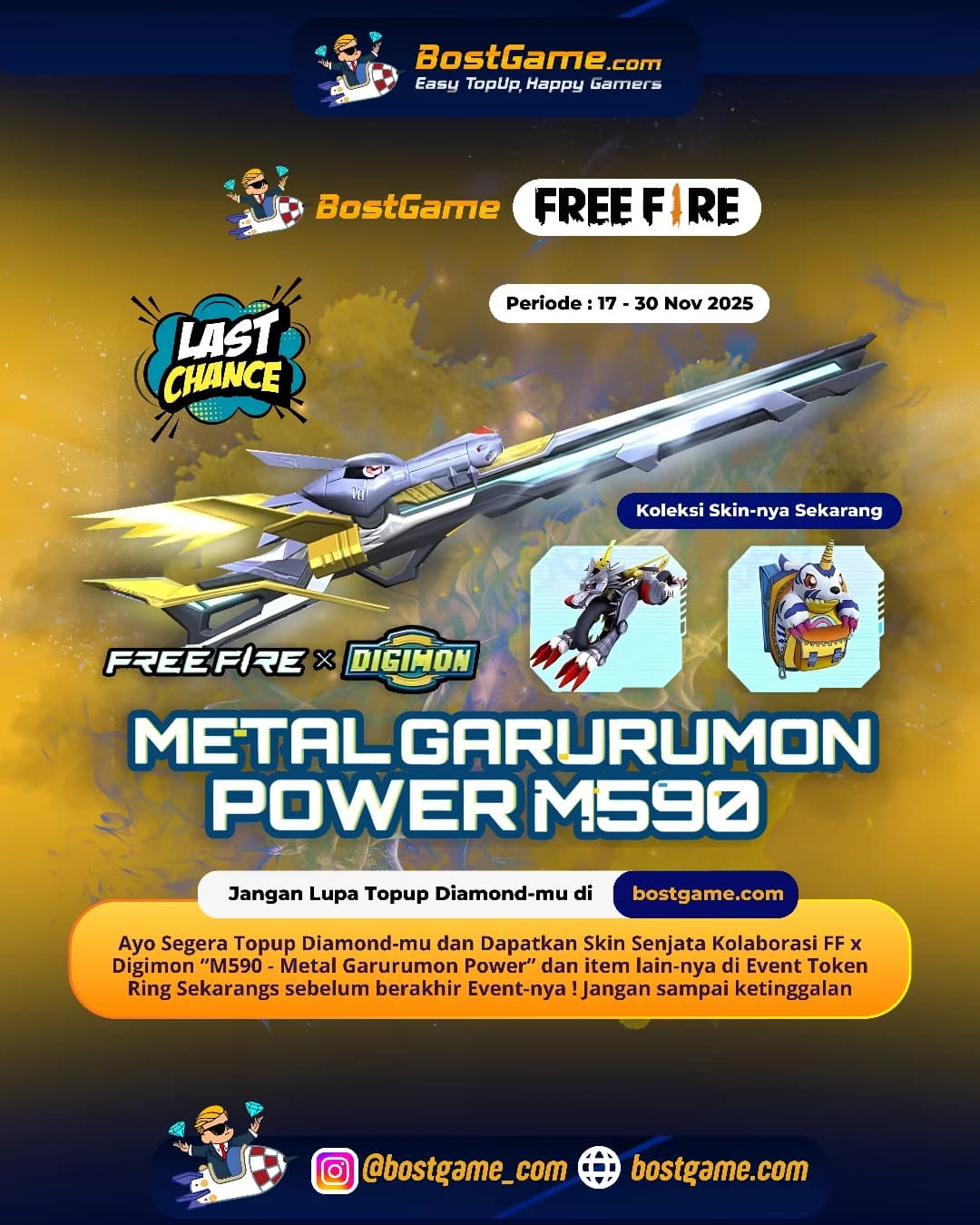 Free Fire : kolaborasi FF x Digimon – “M590: Metal Garurumon Power” tinggal sebentar lagi, Sobat FF!