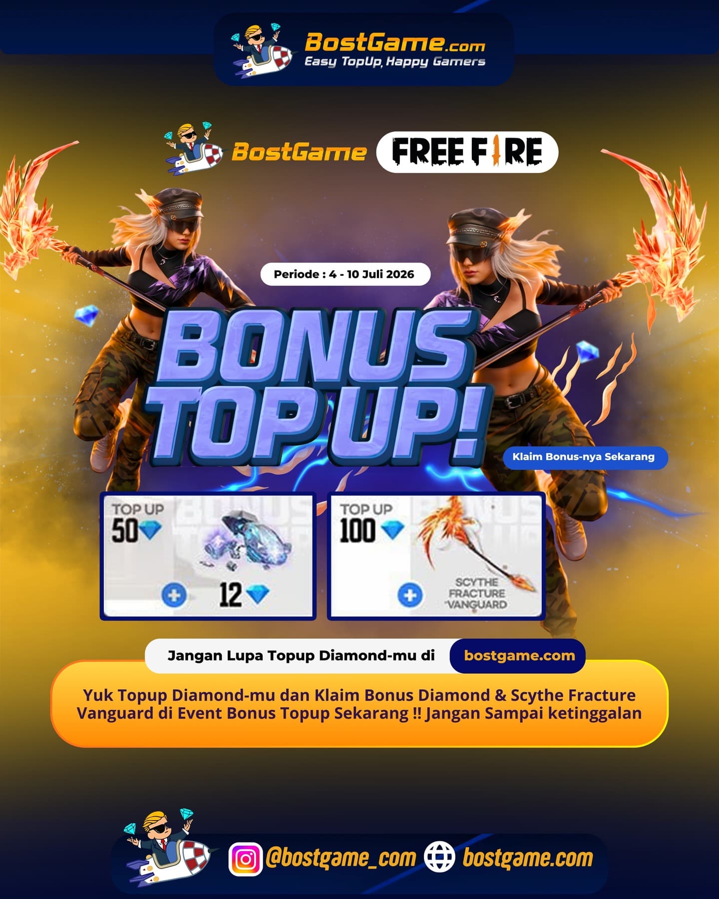 Free Fire : BONUS TOPUP IS BACK, SOBAT FF! Periode  4 - 10 Juli 2026