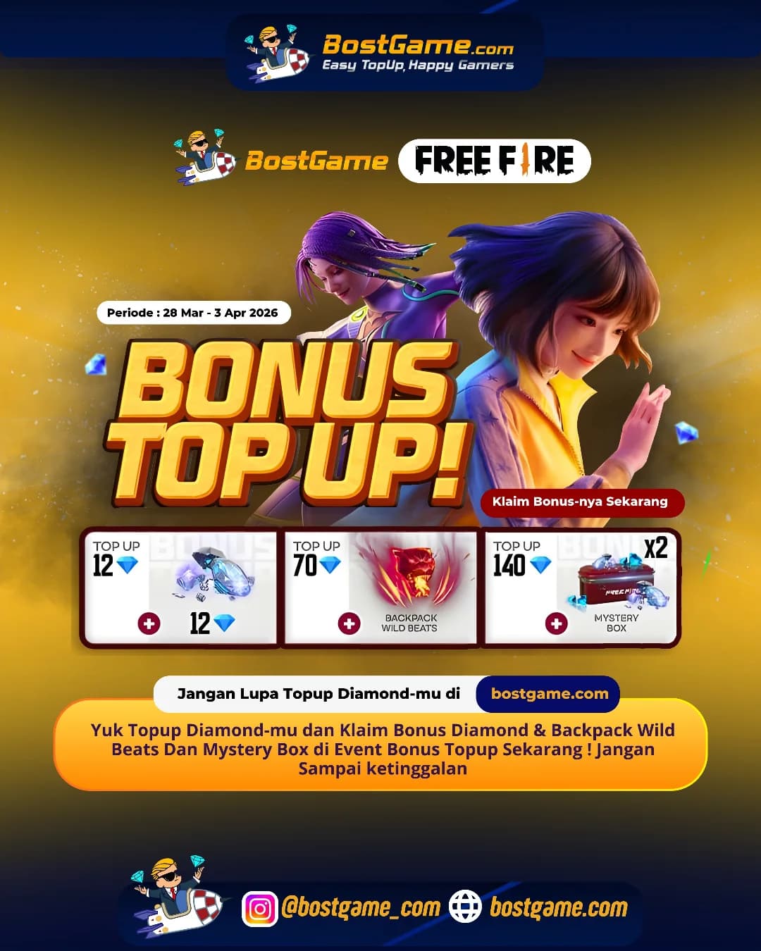 Free Fire : BONUS TOPUP IS BACK, SOBAT FF! sampai 3 April 2026