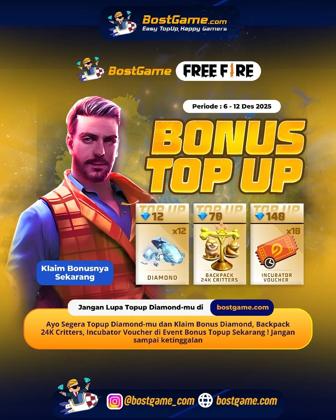 Free Fire : BONUS TOPUP IS BACK, SOBAT FF! Periode  6 - 12 Des 2025