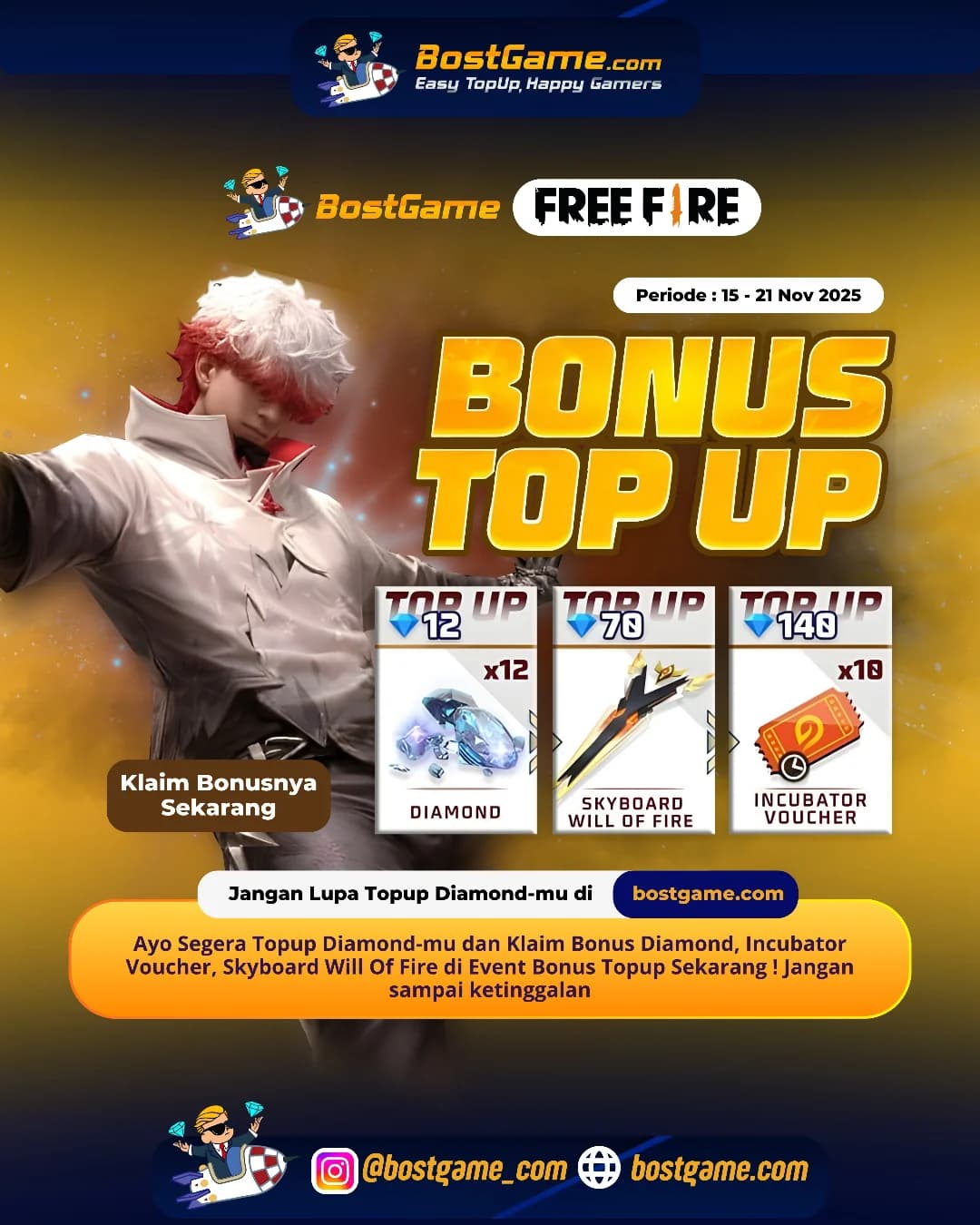 Free Fire : BONUS TOPUP IS BACK, SOBAT FF!  Periode 15 - 21 Nov 2025