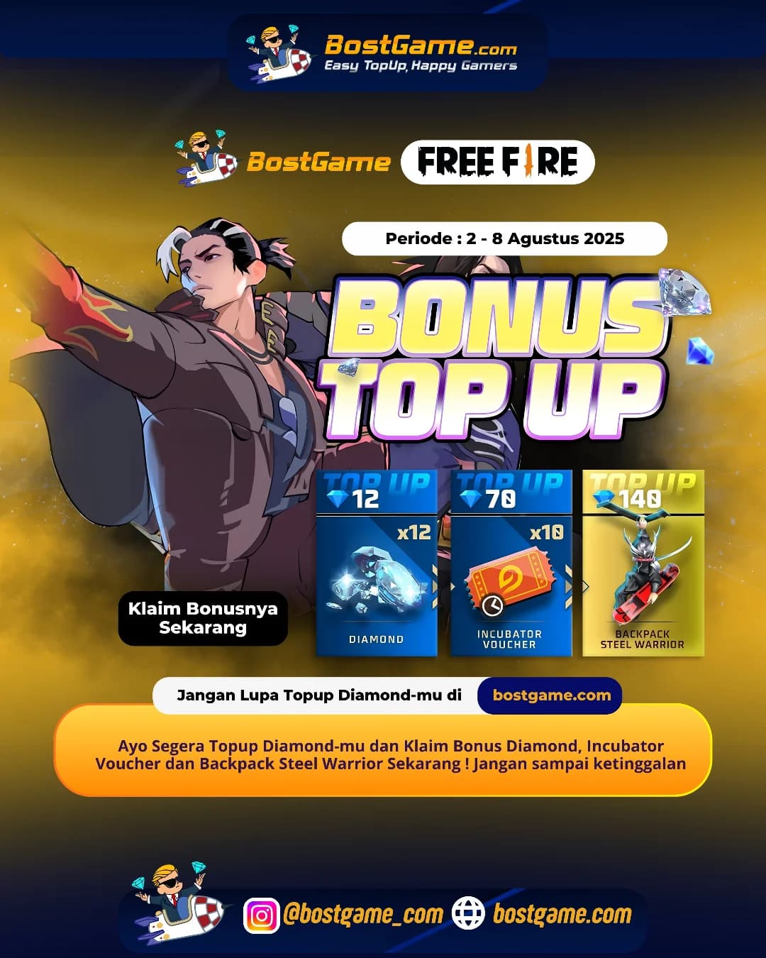 Free Fire : BONUS TOPUP IS BACK, SOBAT FF! Periode : 2 - 8 Agustus 2025