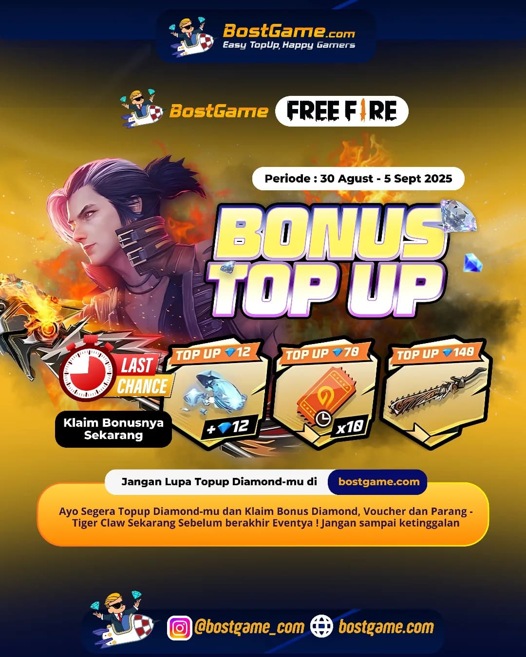Free Fire : LAST CHANCE BONUS TOPUP, SOBAT FF! Sampai 5 Sept 2025 aja loh!