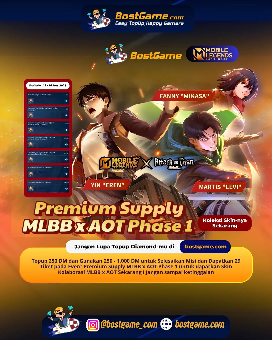 Mobile Legends Bang Bang : Event Premium Supply MLBB x AOT Phase 1 resmi hadir Guyss!!
