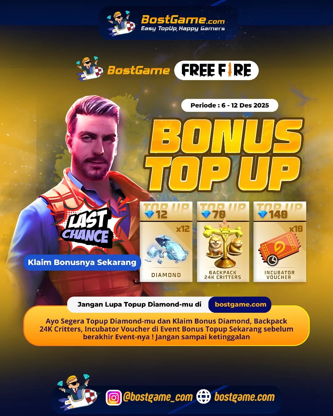 Free Fire : Last Chance! Event BONUS TOPUP buat Sobat FF! Periode sampai 12 Des 2025