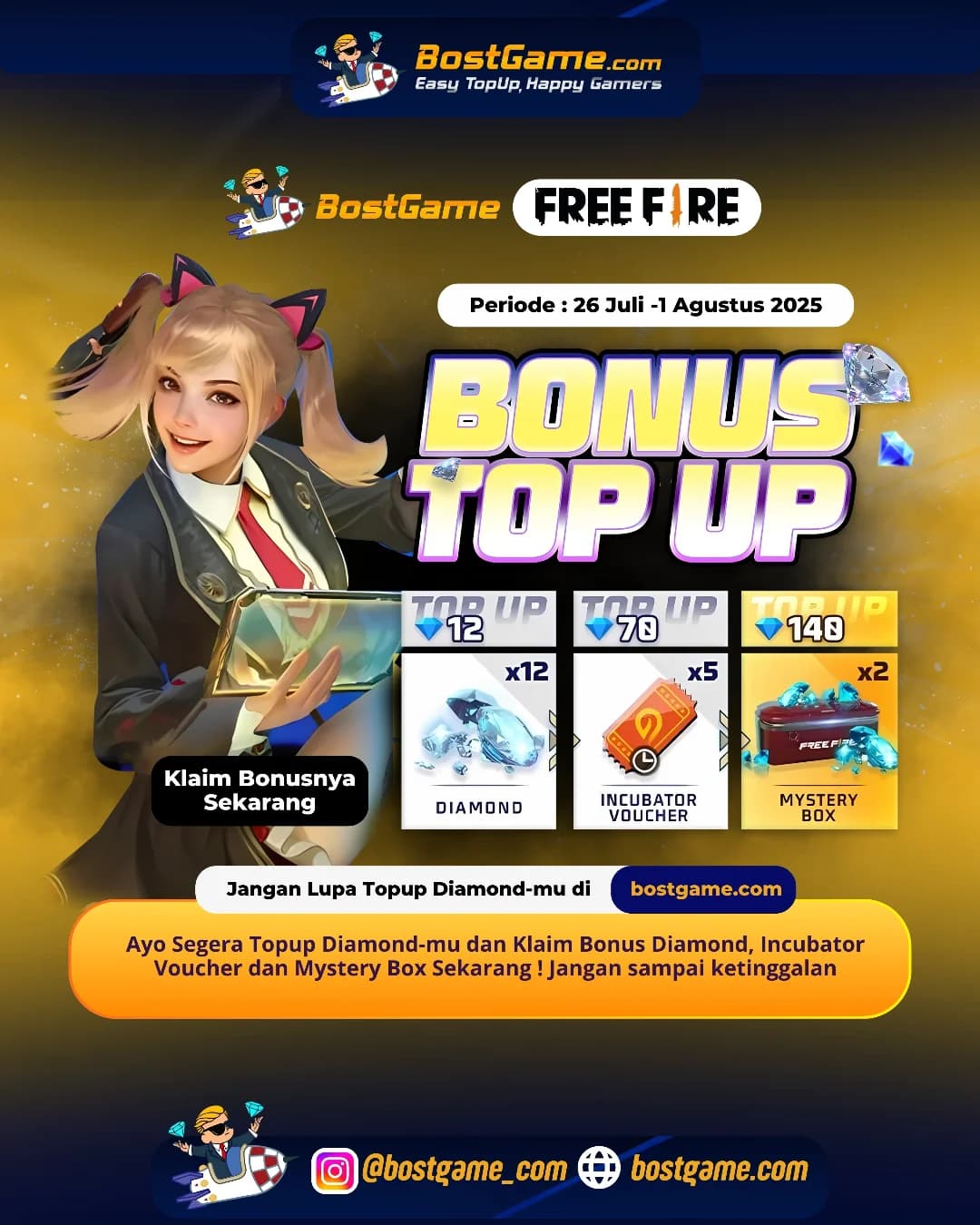 Free Fire : BONUS TOPUP IS BACK, SOBAT FF! "Periode : 26 Juli -1 Agustus 2025"