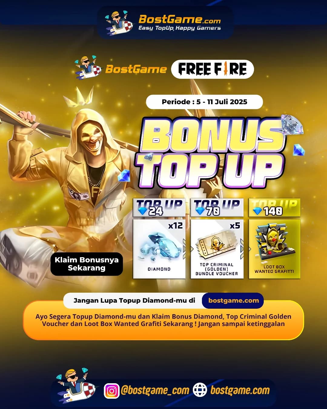 Free Fire : BONUS TOPUP IS BACK, SOBAT FF! Periode : 5-11 Juli 2025