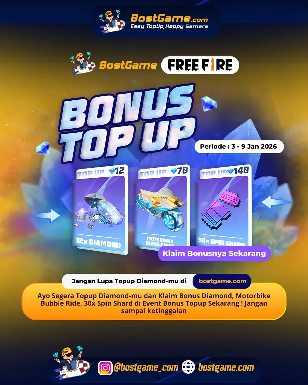 Free Fire : BONUS TOPUP IS BACK, SOBAT FF! Periode 3 - 9 Januari 2026