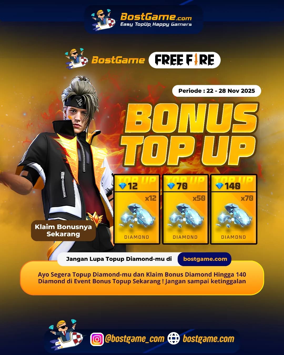 Free Fire : BONUS TOPUP IS BACK, SOBAT FF! Periode 22 - 28 Nov 2025