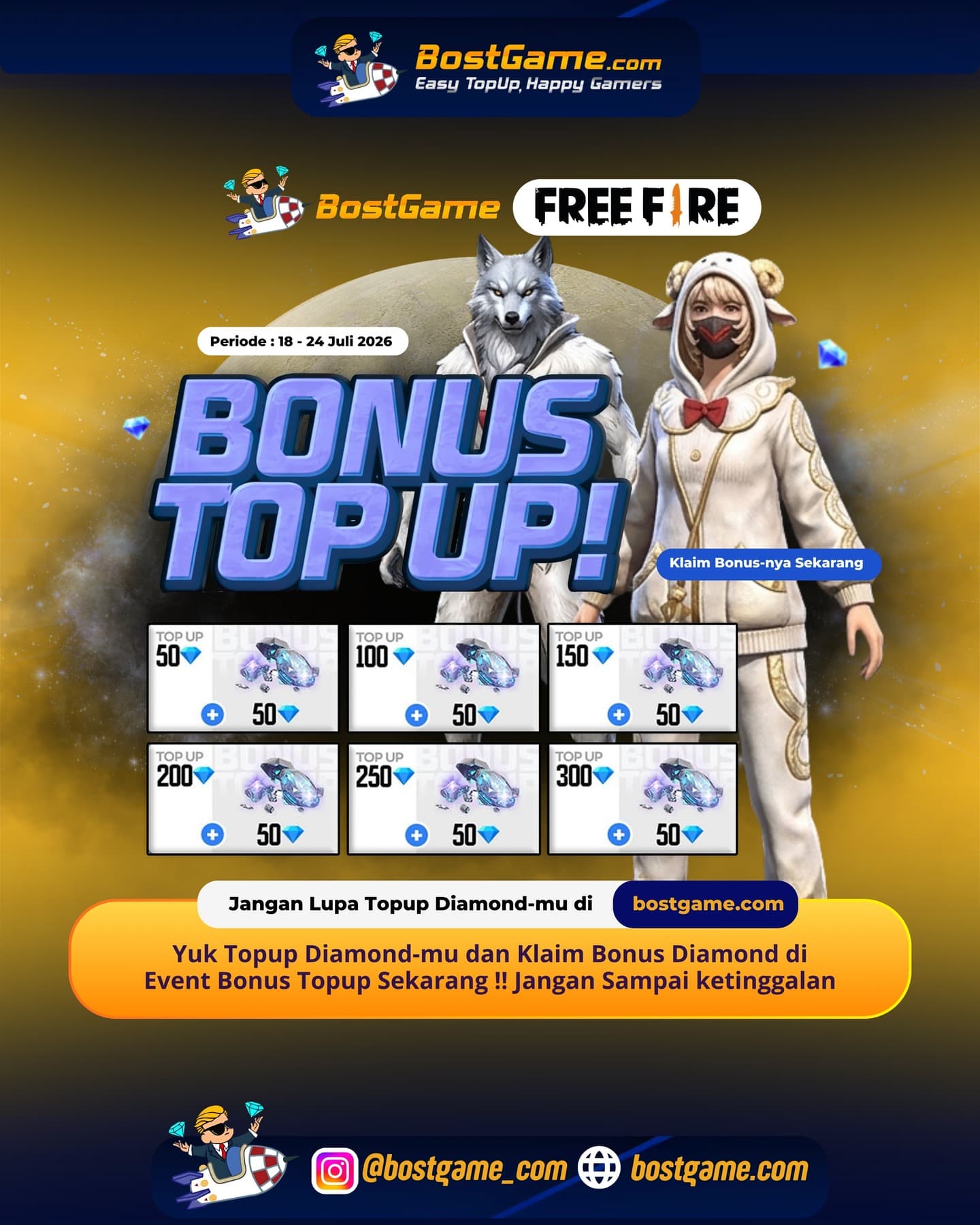 Free Fire : BONUS TOPUP IS BACK, SOBAT FF! Periode 18 - 24 Juli 2026