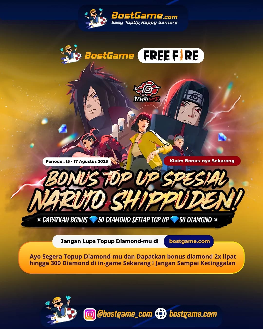 Free Fire : Event BONUS TOPUP Spesial Naruto Shippuden udah mendarat, guyss!