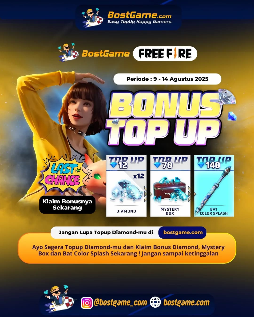 Free Fire : Last Chance Event BONUS TOPUP! Cuma sampai 14 Agustus 2025 loh!