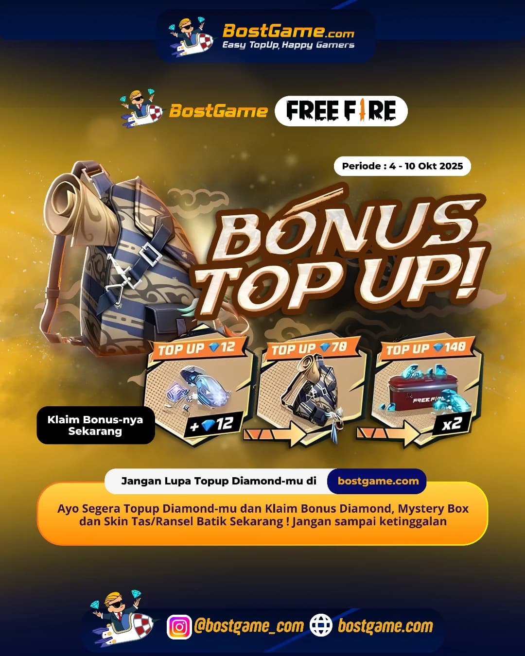 Free Fire : BONUS TOPUP IS BACK, SOBAT FF! Periode : 4 - 10 Okt 2025