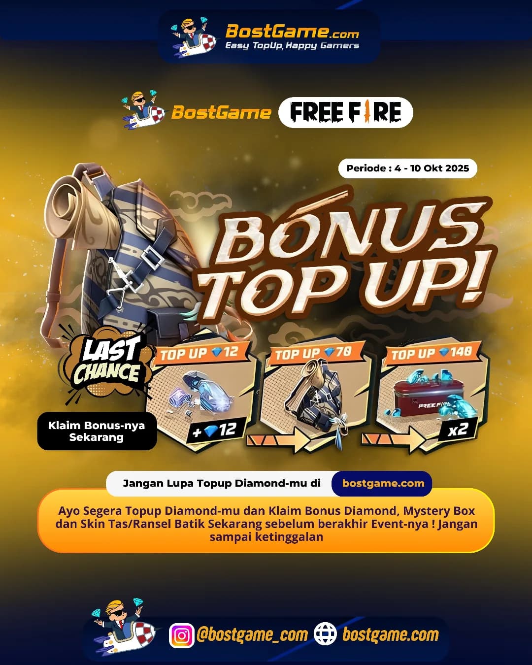 Free Fire : LAST CHANCE BONUS TOPUP EVENT IS HERE! "sampai 10 Oktober 2025"