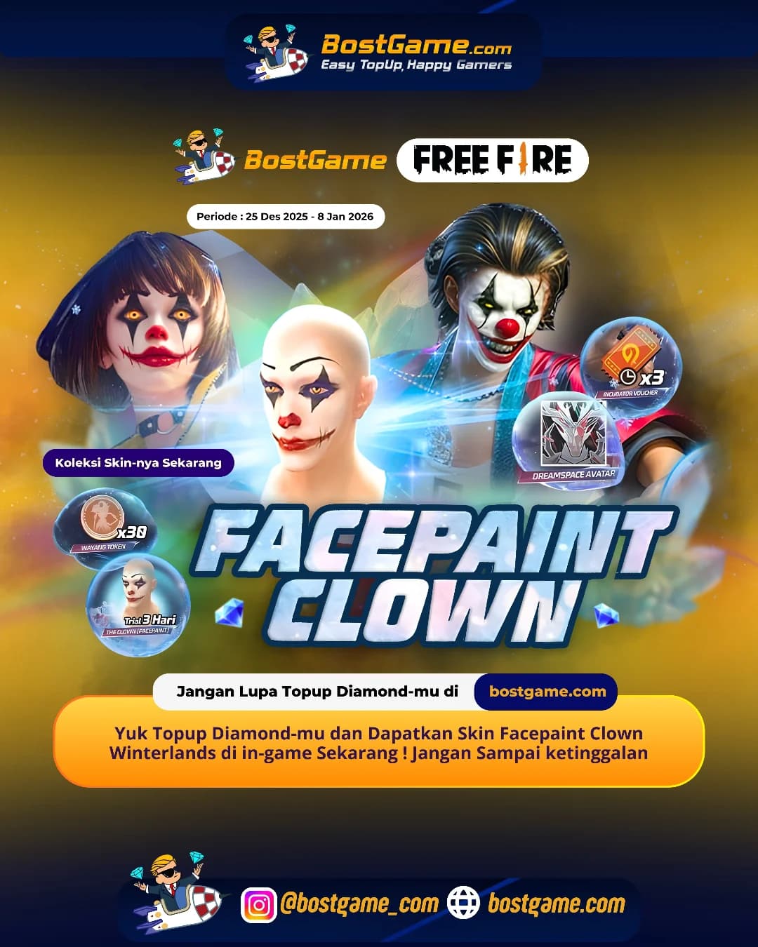Free Fire : Skin Facepaint Clown Winterlands resmi hadir!