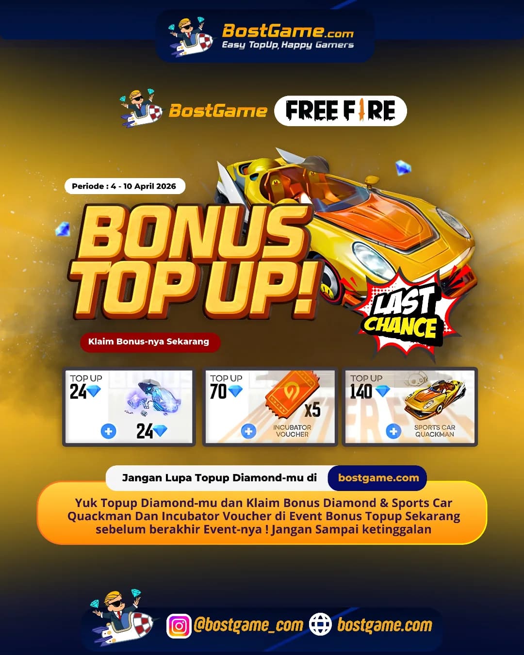 Free Fire : Hari Terakhir Event BONUS TOPUP, SOBAT FF! 10 April 2026
