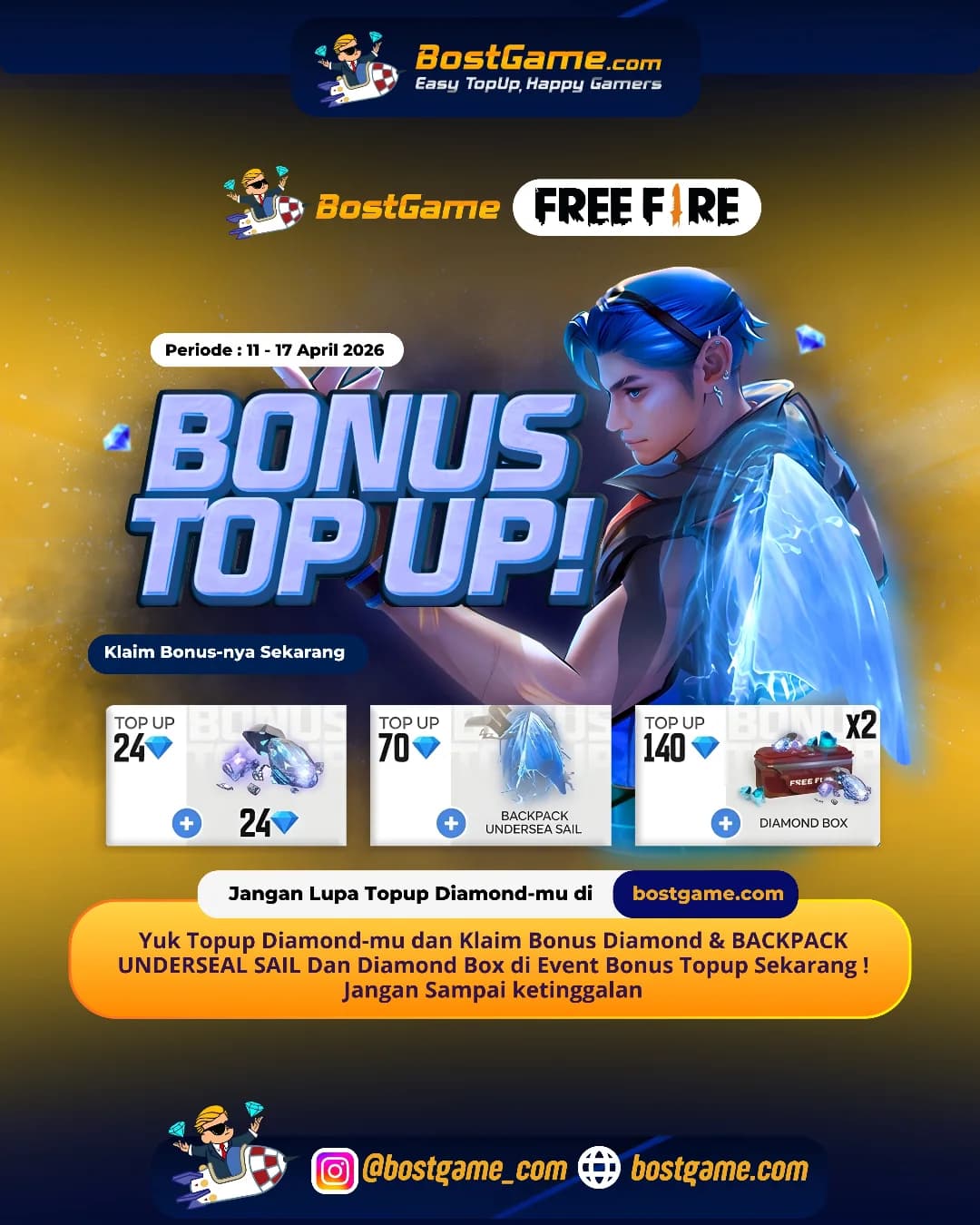 Free Fire : BONUS TOPUP IS BACK, Periode : 11 - 17 April 2026