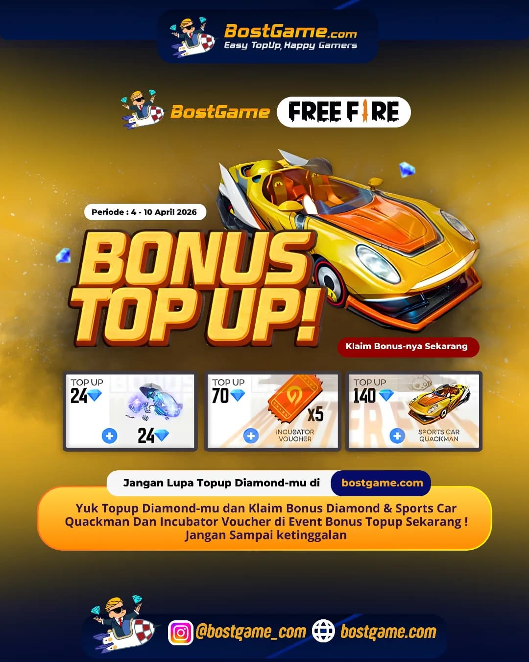 Free Fire : BONUS TOPUP IS BACK, SOBAT FF! π Periode 4 - 10 April 2026