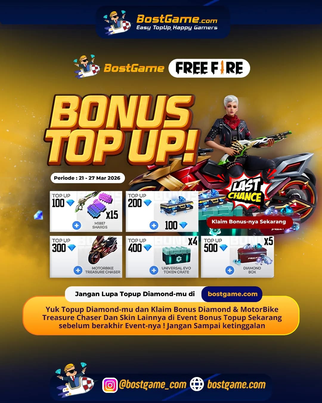 Free Fire : Hari Terakhir Event BONUS TOPUP, SOBAT FF! Periode Hingga 27 Maret 2026