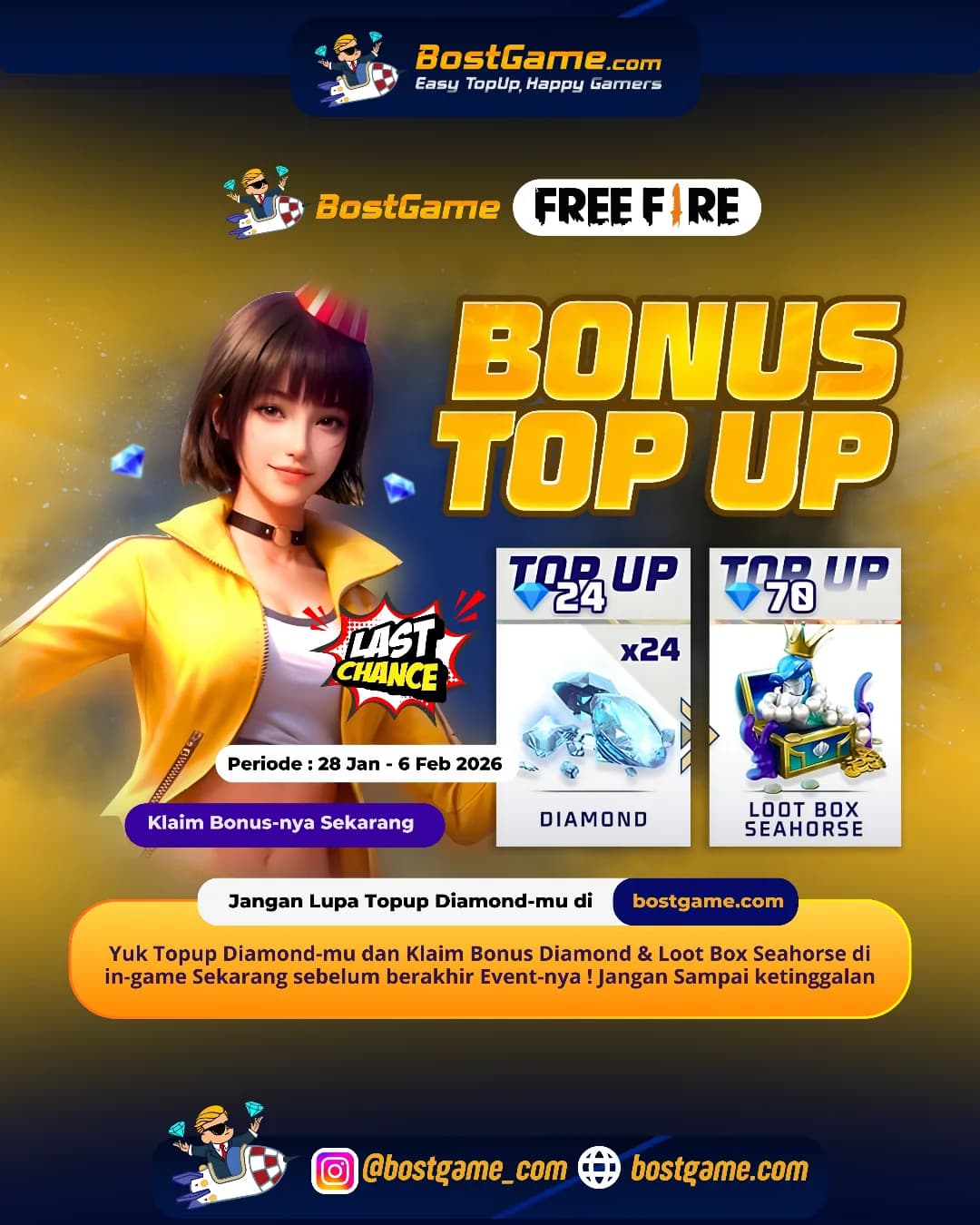 Free Fire : Hari Terakhir Event BONUS TOPUP, SOBAT FF! Periode Hingga 6 Feb 2026